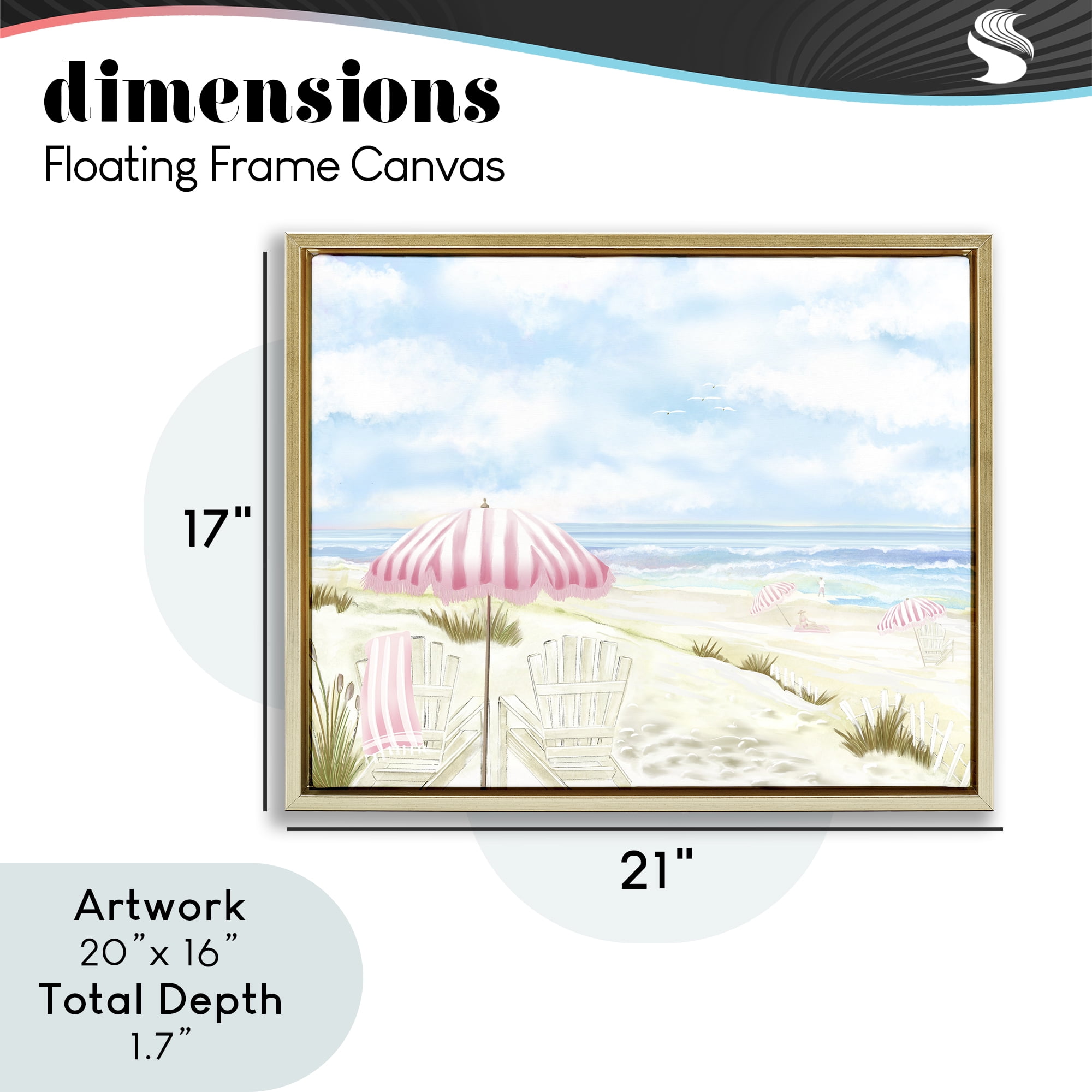 Seascape with Pink Umbrella Gold Framed Floater Canvas Wall Art, design by Lori Mosley