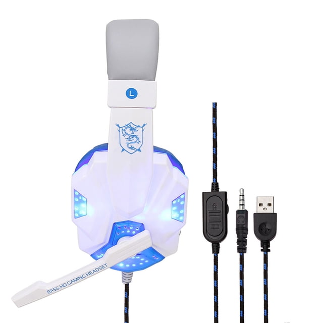 Graflsoa SY830MV Gaming Headset with Adjustable Mic, Volume Control, LED Lights, AUX+USB, White & Blue
