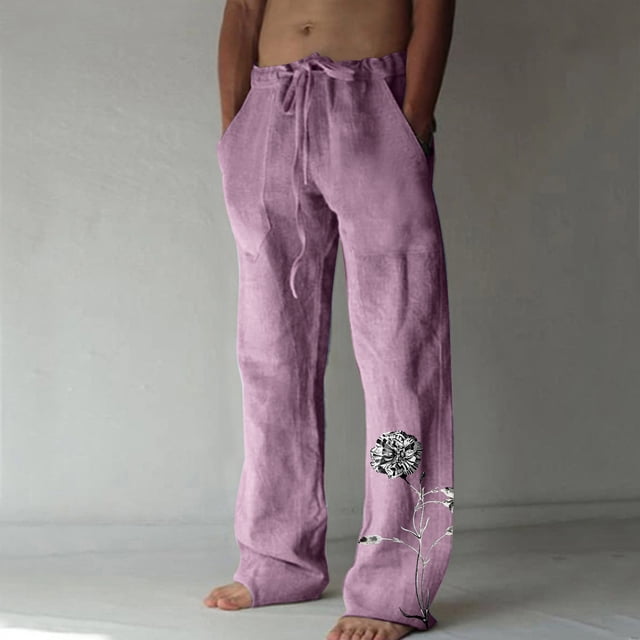 Pantalones largos de verano para hombre, de algodón y lino, con pierna ancha, estampados, con cordones, para deportes y vacaciones