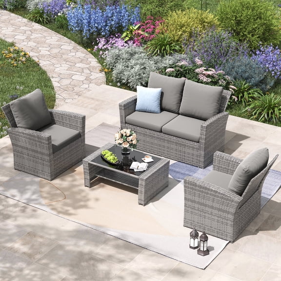 ECOPATIO Outdoor Patio Furniture Set, Outdoor Sectional Sofa, Outdoor Furniture Set Patio Couch Set Porch Balcony Furniture, 4 Piece Patio Conversation Set for Outside Furniture (Grey)