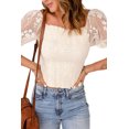 thumbnail image 4 of ABPHQTO Blusa De Mujer Con Cuello Cuadrado Y Fruncido De Retazos De Ganchillo De Malla De Encaje Beige, 4 of 5