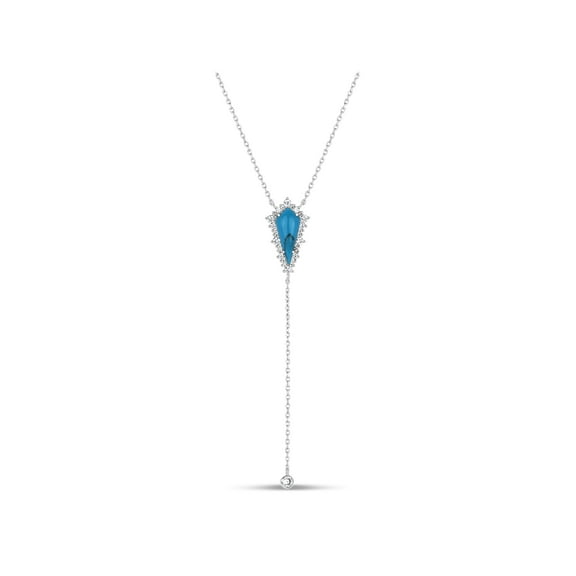 Manufactured Turquoise and White Cubic Zirconia Sterling Silver Rhodium Plated Long Rhombus Triangle Y Necklace, 18"