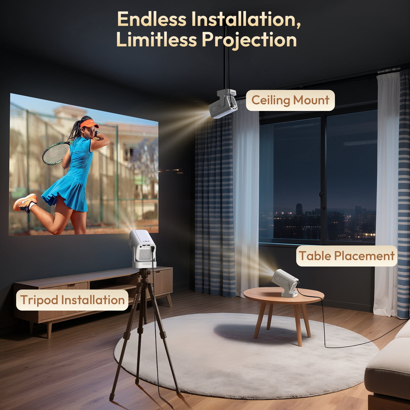 XGODY Gimbal 5 Pro Projector with Wifi and Bluetooth,300ANSI,Support 4K,Compatible with PC/Phone, 1 Count