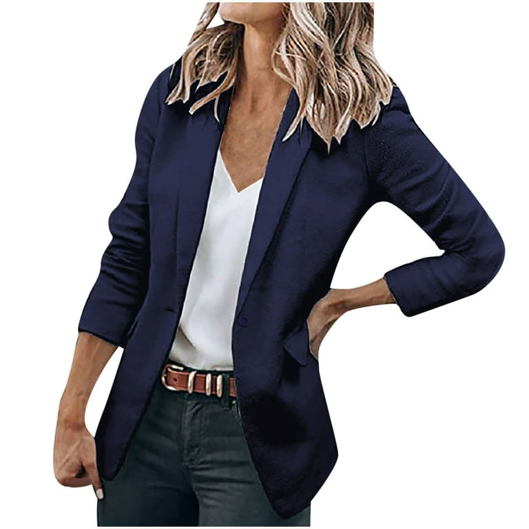 YYDGH Women s Casual Lightweight Blazer Open Front Lapel Long Sleeve Jacket Work Office Blazer For Daily Work Navy Blue XS