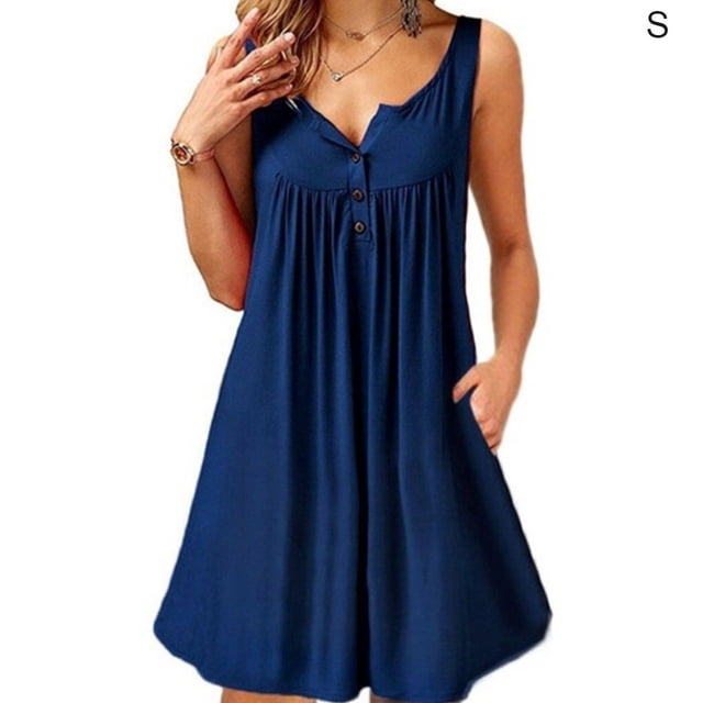 Robe Femme Plissée à Boutons Gilet T-shirt Robe Décontractée Robe à Col Rond Robe à Poches Robe Débardeur, Bleu Marine, P