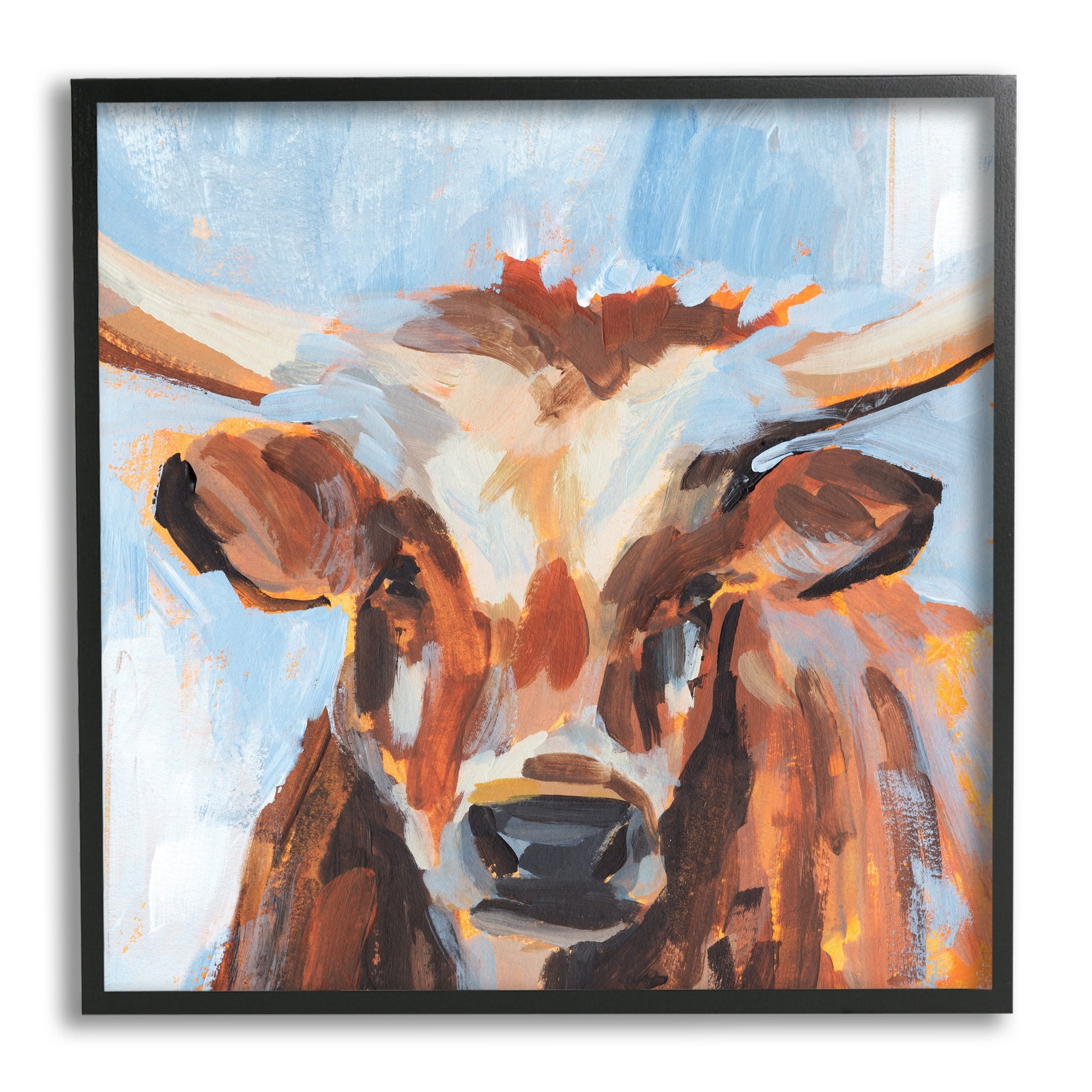 Stupell Industries Blue Modern Farm Cow Cattle Brushstrokes Painting Framed Wall Art, 24 x 24, Design by Annie Warren