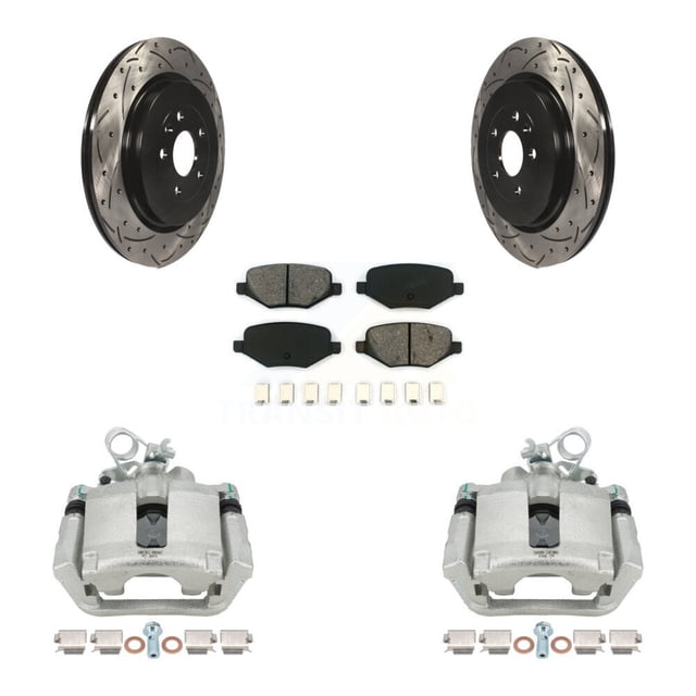 Transit Auto Rear Disc Brake Coated Caliper Drilled Slotted Rotors and Semi-Metallic Pads Kit for Car Ford Explorer Police Interceptor Utility Taurus Lincoln MKS KCD-100494S