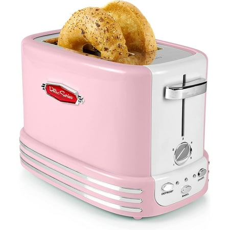 

Retro Wide 2-Slice Toaster Vintage Design With Crumb Tray Cord Storage & 5 Toasting Levels Pink