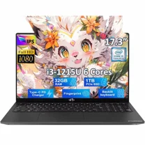 17.3 Gaming Laptop Intel 6 Cores I3-1215U 32GB RAM 1TB SSD (Beat R5 7520U, Up to 4.4GHz) Student-Computer with 65W Type C Backlit Keyboard Fingerprint, for Home and Business