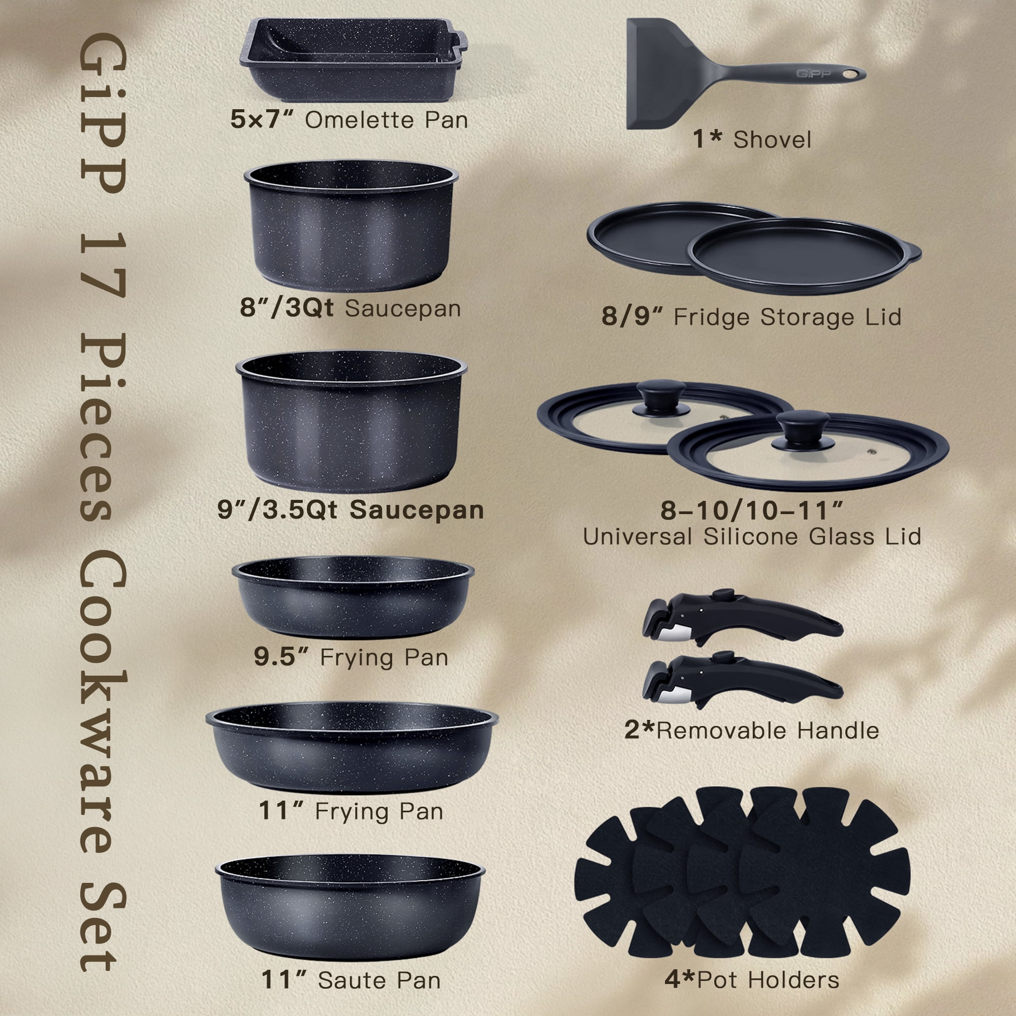 GIPP 17 Piece Large Size 11inch Ceramic Nonstick Pots and Pans Set,Cookware Set with Detachable Handles, Oven Dishwashers Safe,Induction Compatible,RV Kitchen Cooking Set