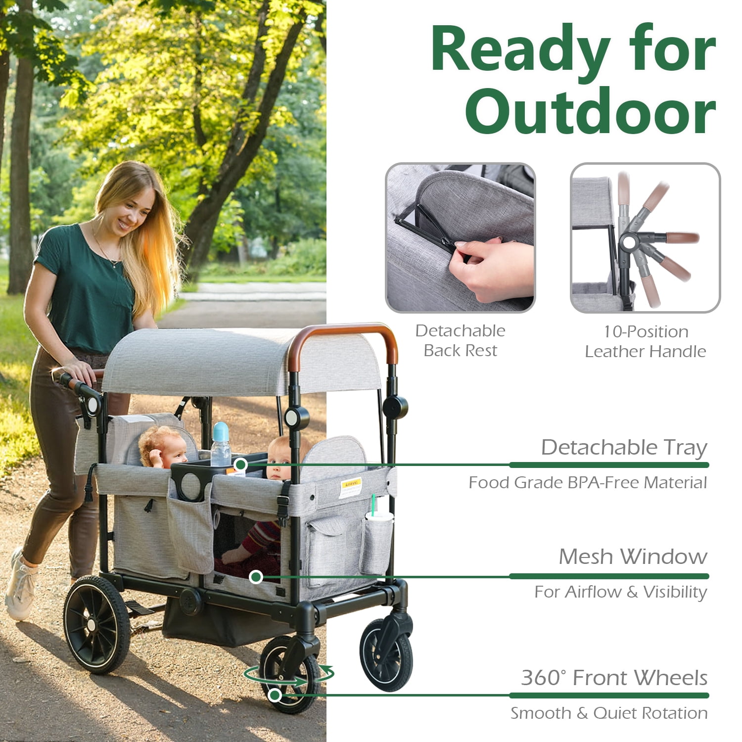 LINLUX Toddler Wagon Stroller, All Terrian Baby Stroller Wagon, Fodable Kids Wagon 2 Seats, Grey