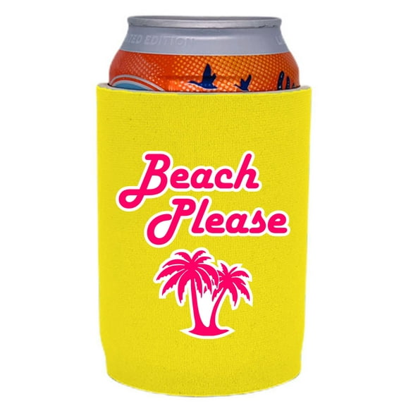 Beach Please Neoprene Full Bottom Can Coolie (Yellow)