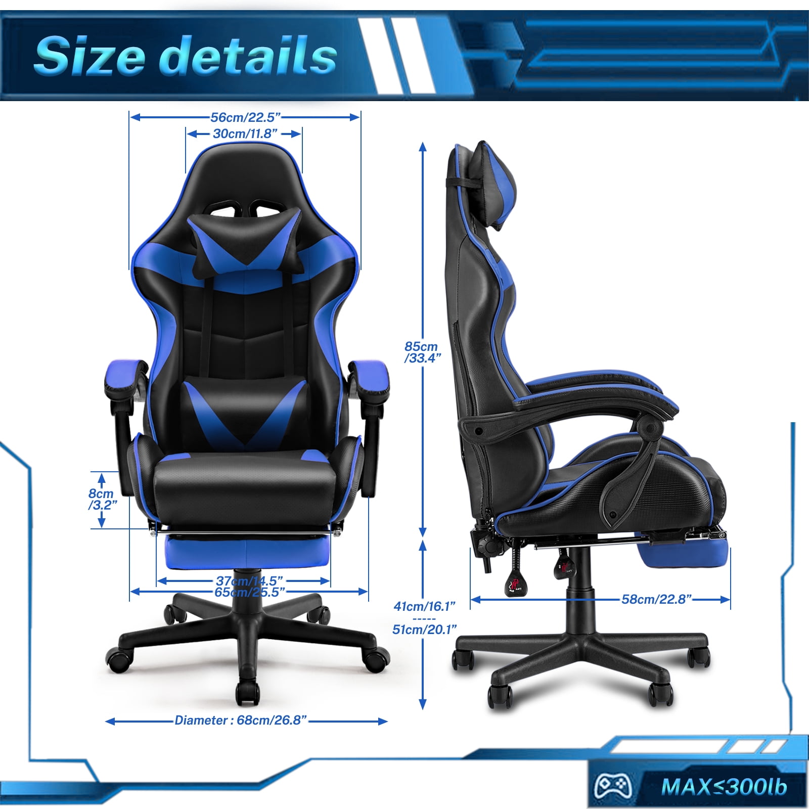 Luxvie Gaming Chair with Footrest High Back Office Chair with Headrest&Massage Lumbar Support Swivel Ergonomic Gaming Chair for Adults Kids,Blue
