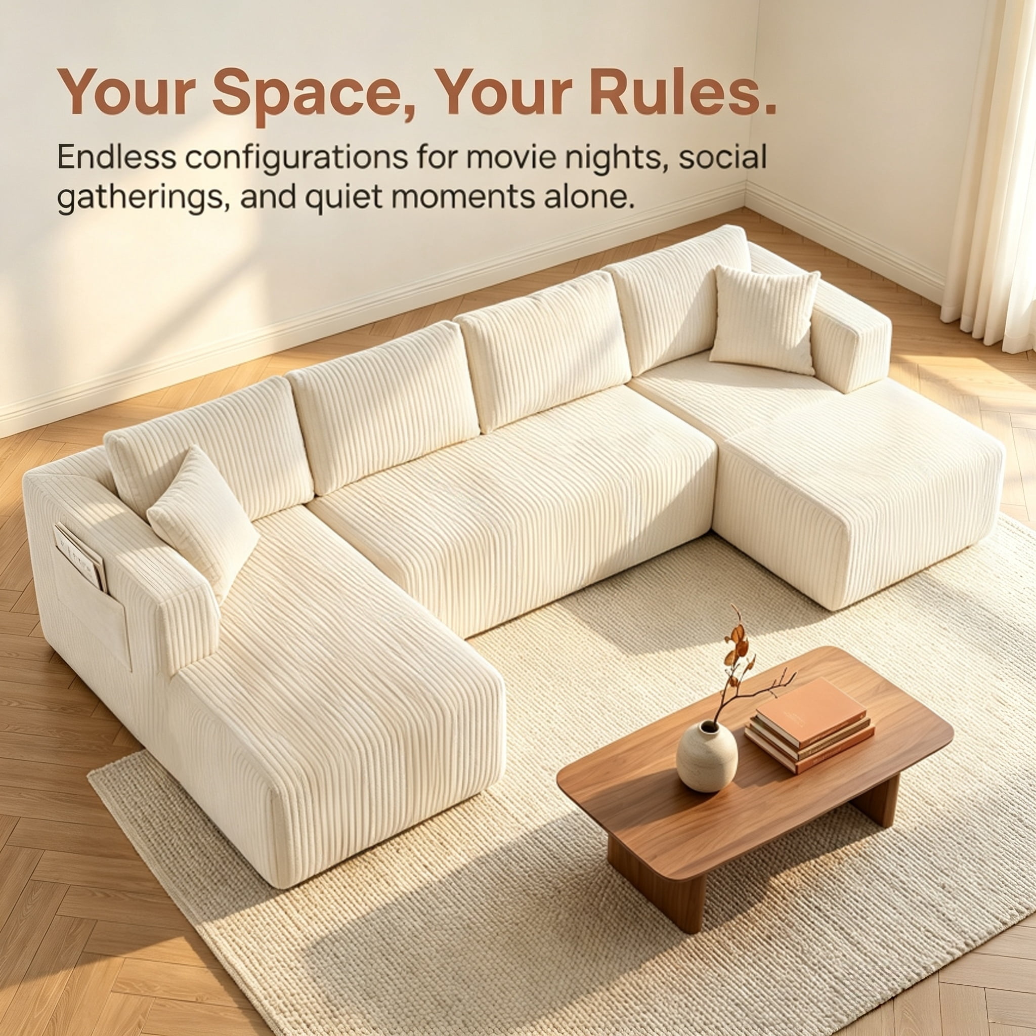 ShiKeyi 132.5" Modern U-Shaped Modular Sectional Sofa with Double Chaise, Corduroy Fabric Cloud Couch Set with Storage Pockets for Living Room, No Assembly Required, Beige
