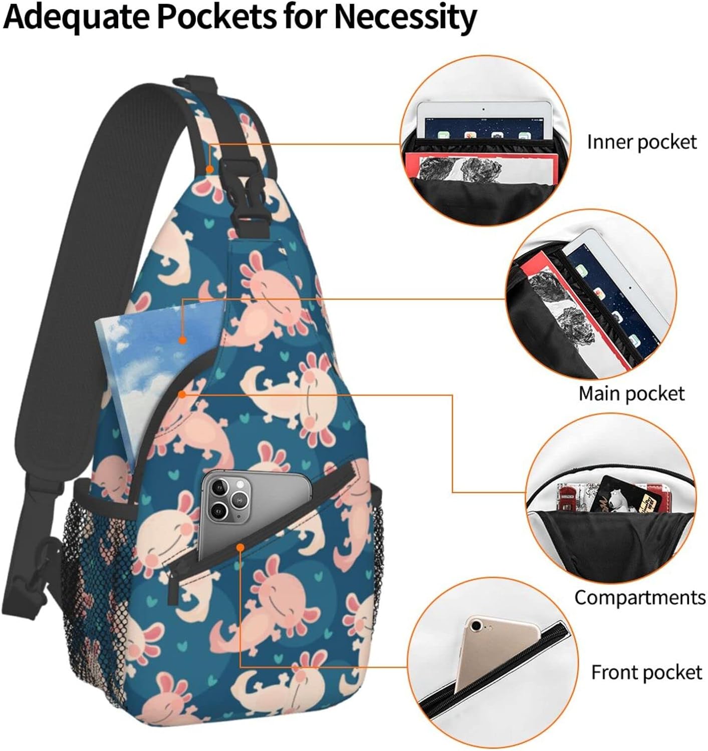 Cute Axolotl Kawaii Pattern Sling Bag Crossbody Hiking Travel Chest Bags Backpack Shoulder Daypack for Women Men