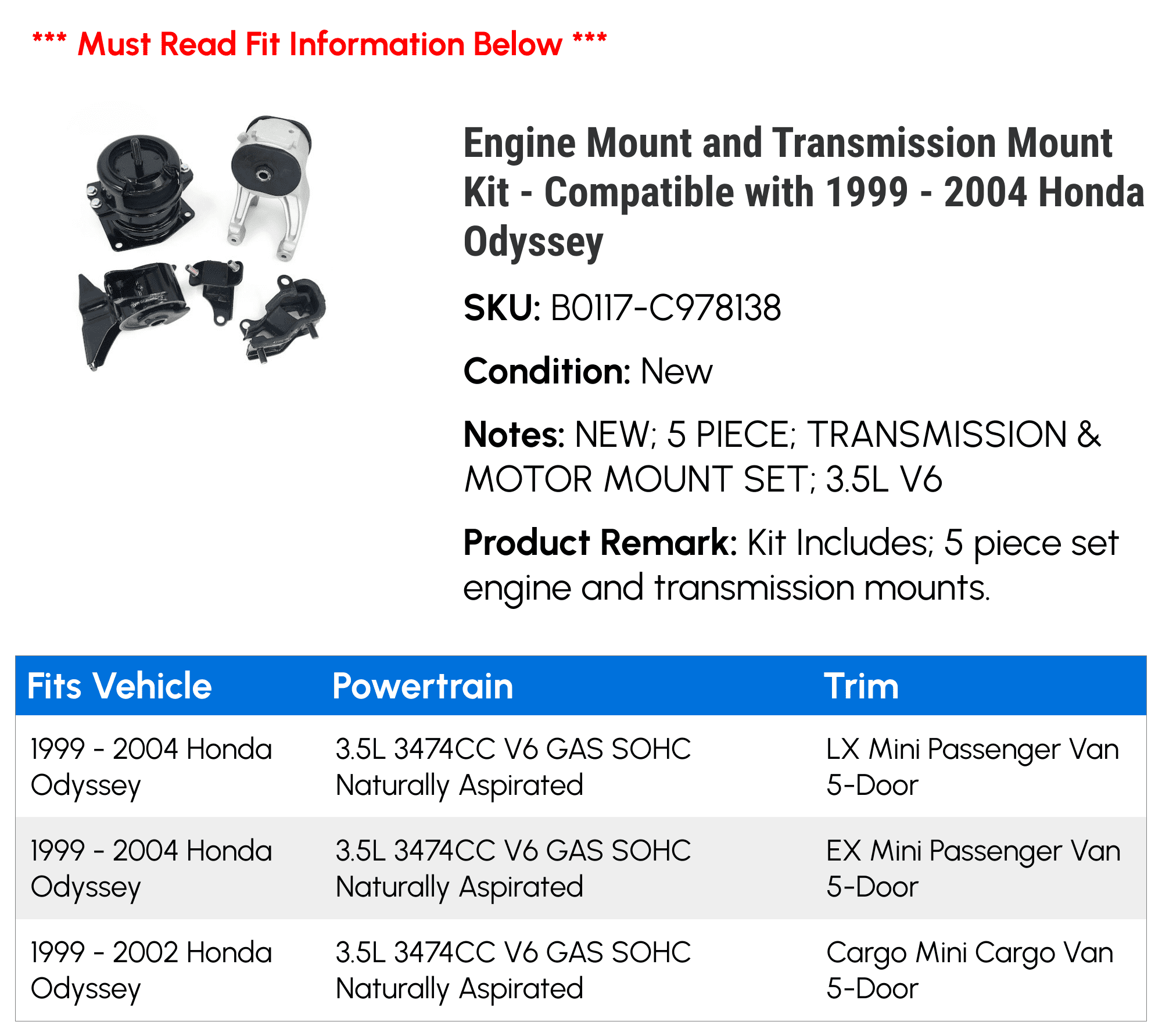 Engine Mount and Transmission Mount Kit - Compatible with 1999 - 2004 Honda Odyssey 2000 2001 2002 2003