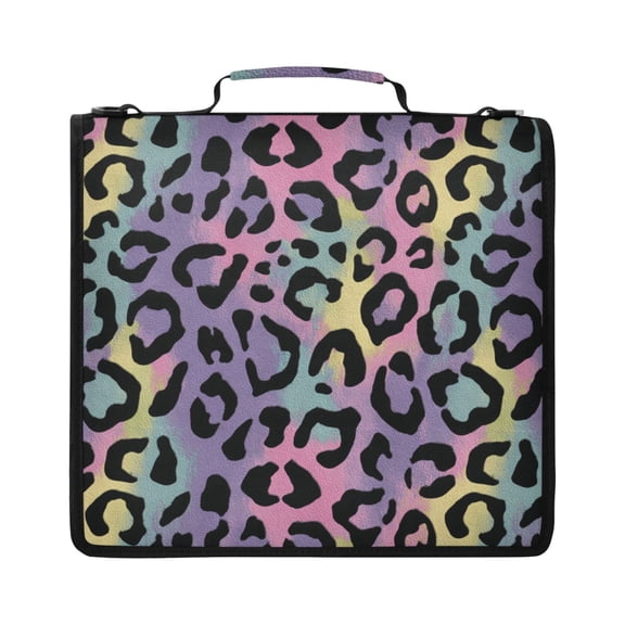 Zipper Binder with Shoulder Strap 2 inch 3 Ring Waterproof File Folder Organizer Bag 500 Sheet Rainbow Colors Leopard Print