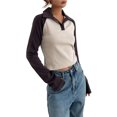 thumbnail image 2 of Canis Contrast Color Slim Fit T-Shirts for Women: Lapel Collar Tops with Long Sleeves, 2 of 5