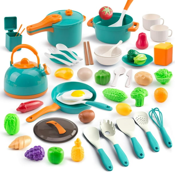 Set de cocina Pretend Play Bruvoalon, 56 piezas, utensilios de cocina y frutas
