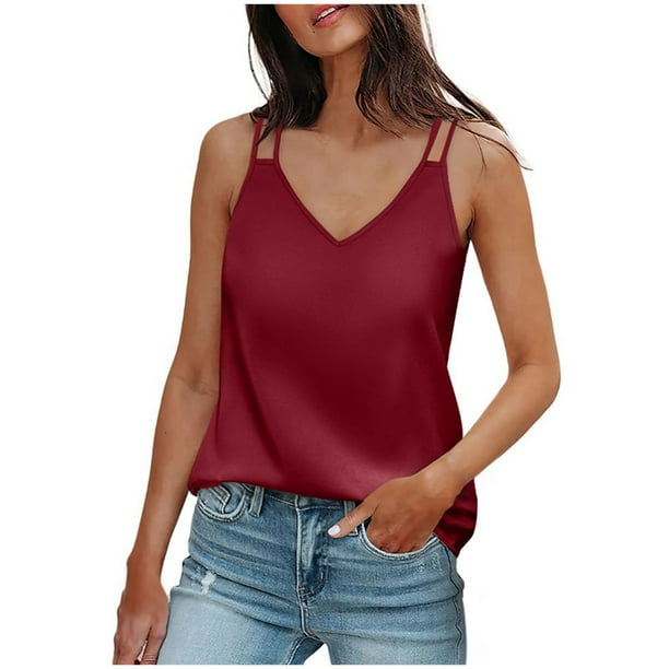 Camisetas sin mangas con cuello en V para mujer para el verano: camisola de satén de seda sin mangas con tirantes ajustables, diseño estampado, corte ajustado para combinar con otras prendas o para