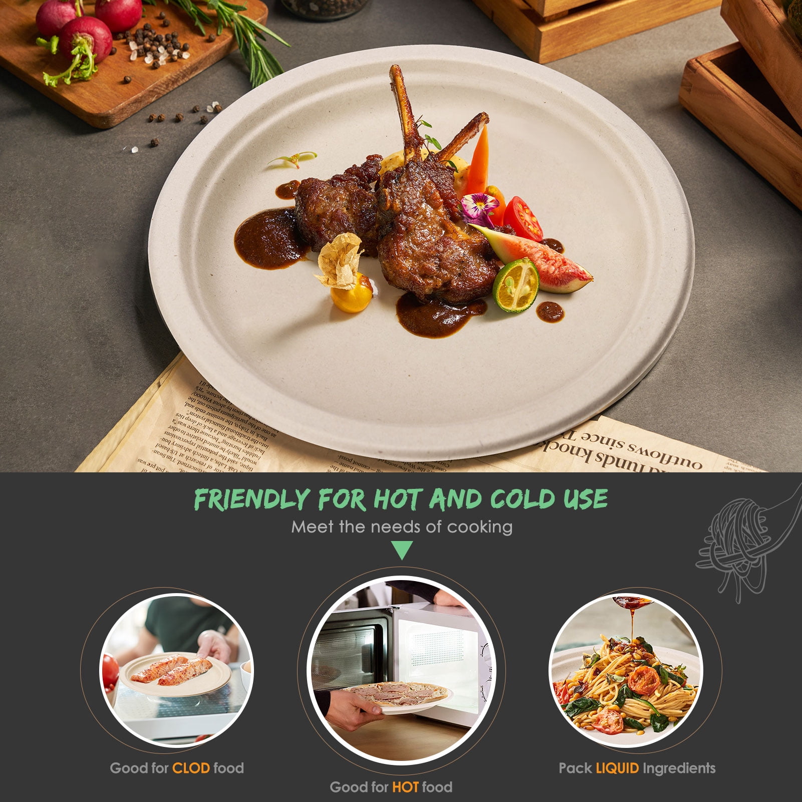 Gezond Compostable Paper Plates Set 300 Pieces, Disposable Plates 10 inch and 7 inch Eco-frinedly Heavy-duty Paper Plates Made From Sugarcane Fibers with Biodegradable Utensils and Napkins for Party