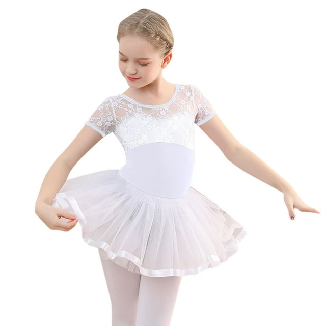 Sunnyoo Robe de Danse Ballet en Dentelle à Manches Courtes pour Fillette, Justaucorps avec Jupe Tutu Amovible