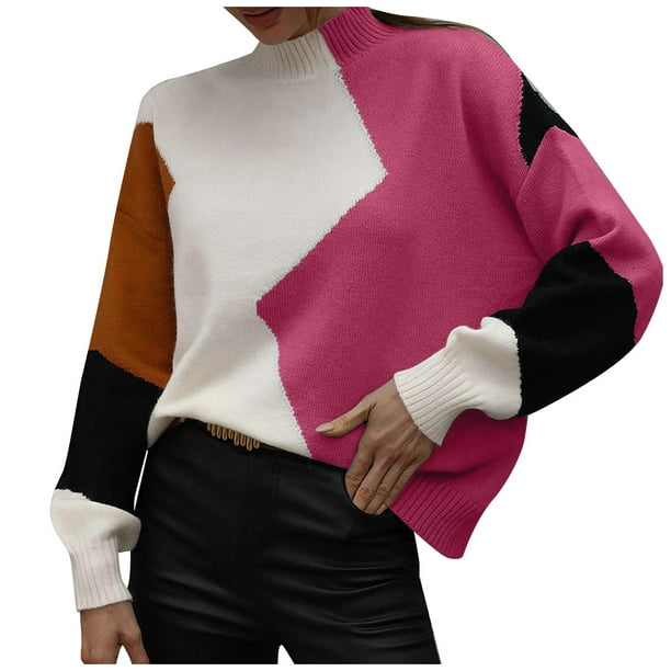 Ropa De Invierno Para Mujer, Fall Clothes For Women Sueter Dama Women's Loose Color In The Knitting Sweater Colorblock Turtleneck Knitted Sweater (S, Hot Pink) TBKOMH - Walmart.com