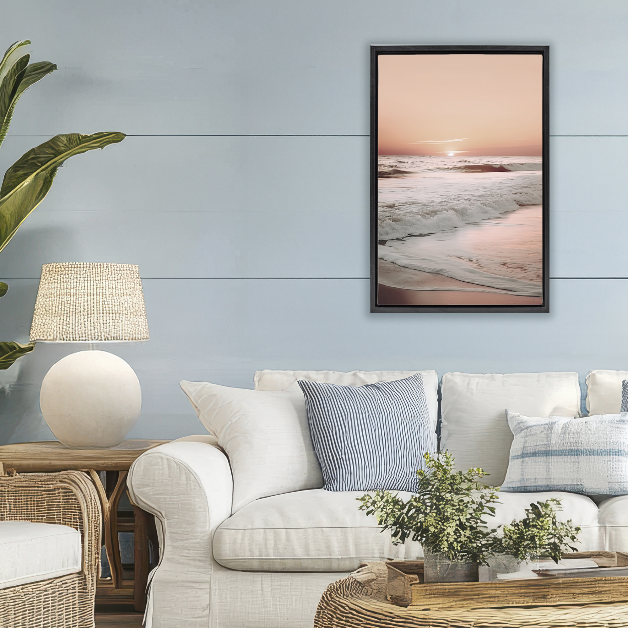Apricot Beach View Black Framed Floater Canvas Wall Art, design by Decent Exposures