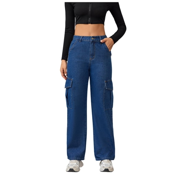 Mepaouo Womens Wide Leg Jeans High Waisted Flap Pocket Cargo Jeans Casual Y2K Denim Pants(Blue,L)