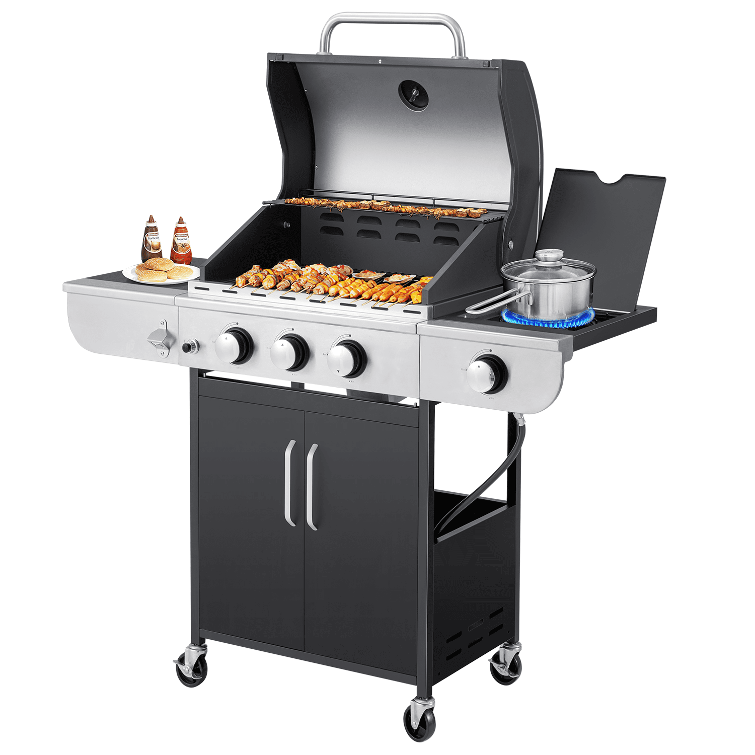 Yoleny 3 Burner 24,000/36,000 BTU Stainless Steel BBQ Propane Gas Grill with Stove and Side Table