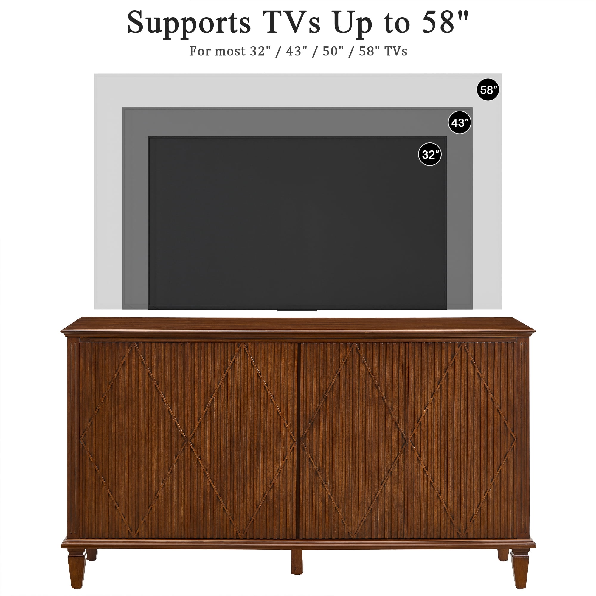 58" Mid Century Modern TV Stand, Wood Storage Cabinet with Carved Geometric Doors, 4 Door Media Console, Sideboard Buffet Cabinet for Living Room, Dining Room, Entryway WLRR