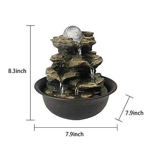 8.3" High 4-Tier Cascading Rock Falls Tabletop Water Fountain with LED Light & Spinning Ball - Indoor Small Waterfall Feature for Office, Home and Bedroom Desktop Decor Dark Grey