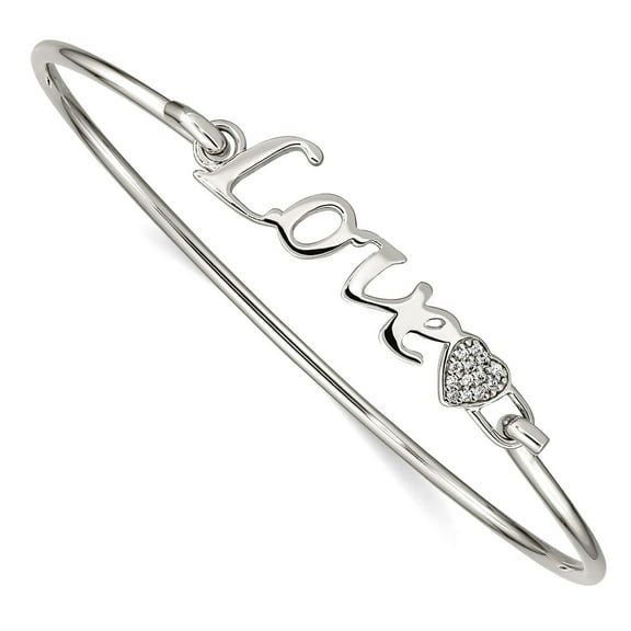 925 Sterling Silver Flexible Polished Cubic Zirconia Love With Heart Bangle Cuff Bracelet for Women