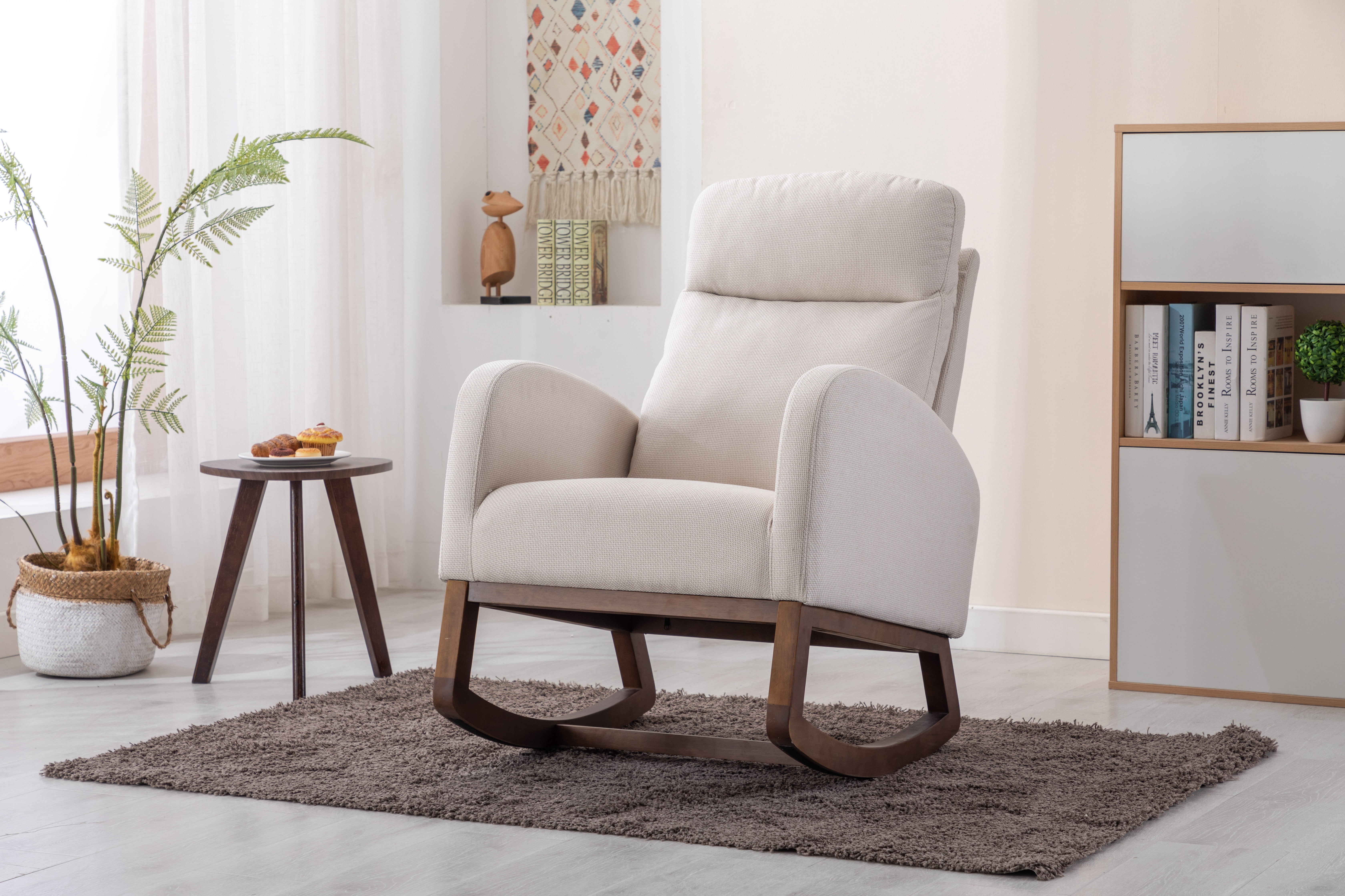 Rocking Chair, Modern Glider Chair, Recliner Armchair with Wood Legs and Side Pocket, Nursery Rocking Accent Chair with High Back for Living Room Bedroom, Beige
