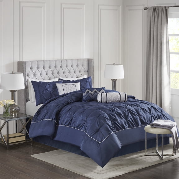 Madison Park Queen Size 7 Piece Tufted Comforter Set Navy,Bed in a Bag,All Season Bed Set,Cozy and Lightweight