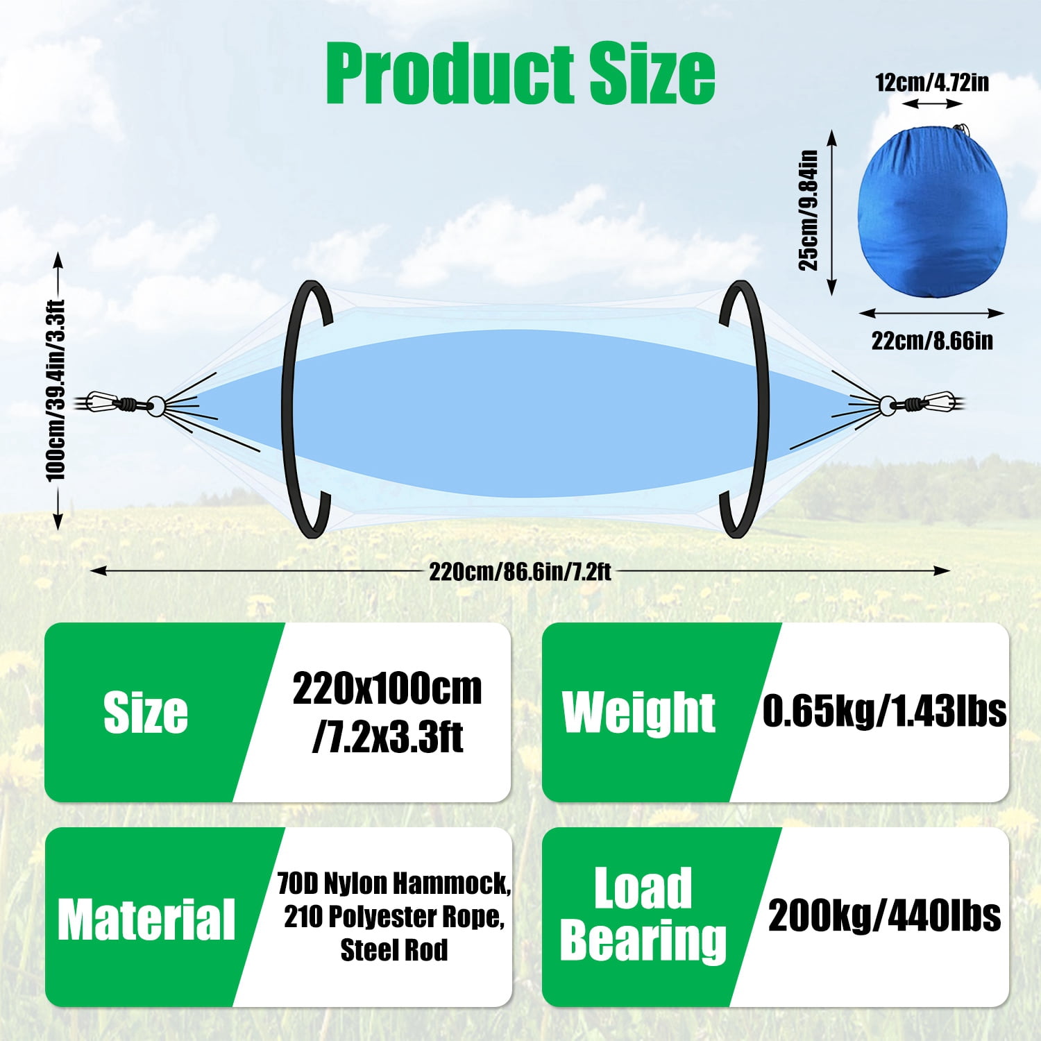 Lightweight Camping Hammock with Pop-Up Mosquito Net, 3-in-1 Portable Hammock Tent with Dual Zippers Side Pocket, 440lbs Load Capacity 70D Nylon for Outdoor Hiking Backpacking