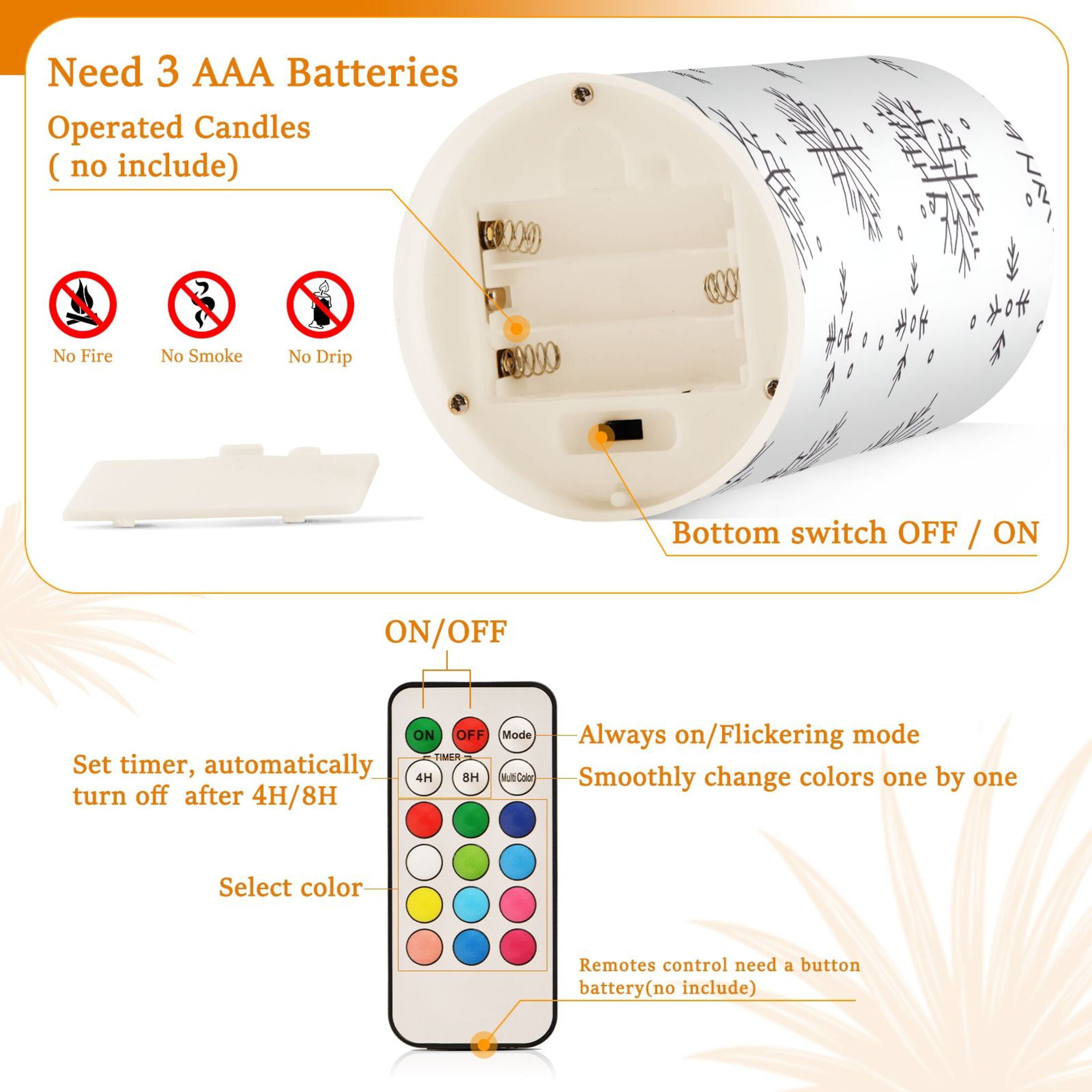 Snowflake Pattern Design Set of 2 Flameless LED Candles Remote and Timer Indoor Outdoor