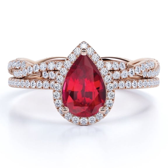 JeenMata 1.25 Carat Pear Shaped Sunset Lab Created Ruby Wedding Set - Vintage Ring - 18k Rose Gold over Silver