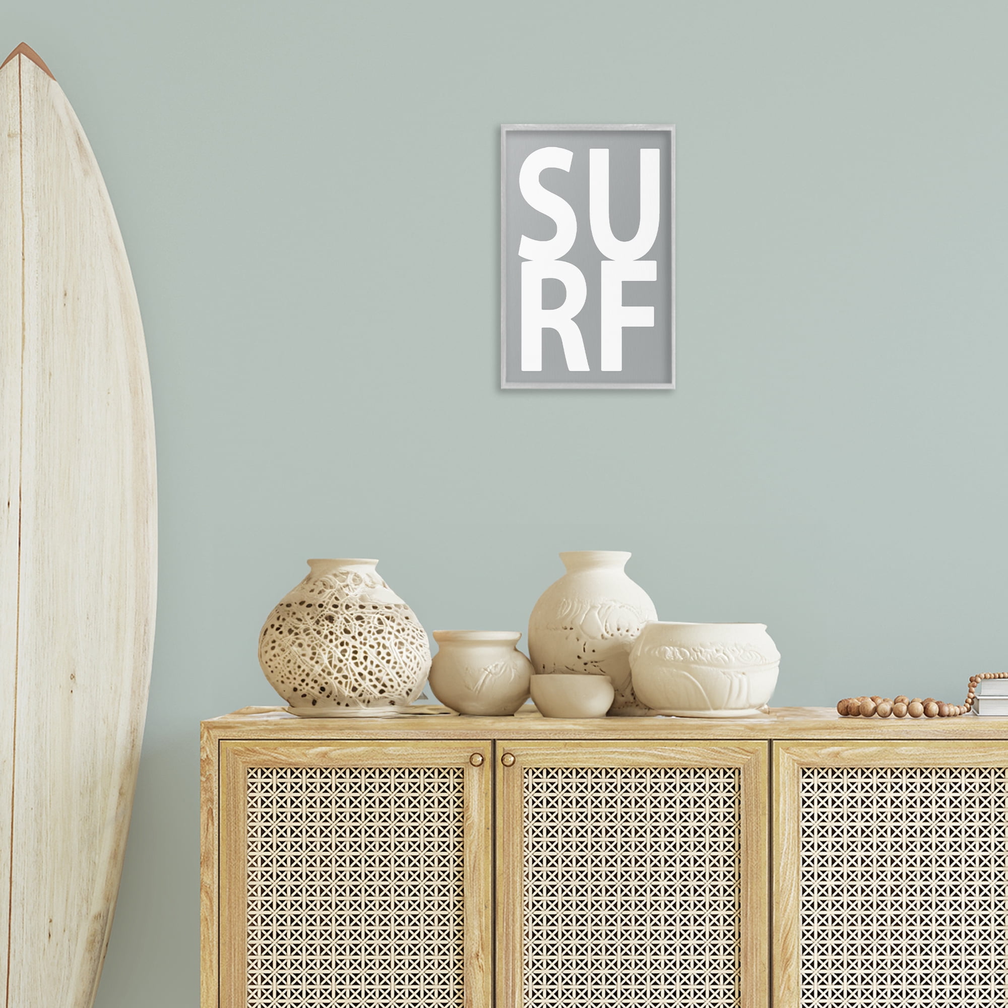 Stupell Industries Surf Word on Grey Typography Painting Gray Framed Art Print Wall Art, 12 x 18