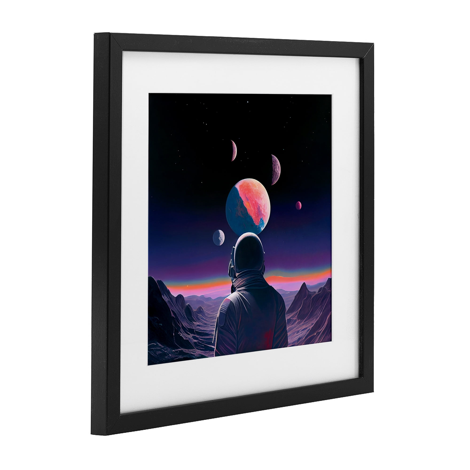 Astronaut & Purple Toned Terrain Black Framed Print Under Glass, design by Sasha