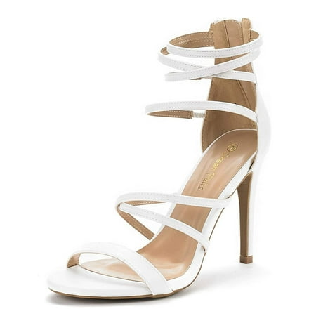 

Dream Pairs Womens Heeled Strappy Sandals Dress Shoes Open Toe Ankle Back Zipper Sandals SHOW WHITE/PU Size 9.5