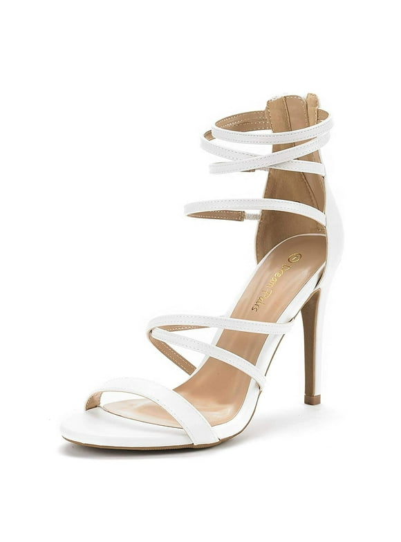 Dream Pairs Womens Heeled Strappy Sandals Dress Shoes Open Toe Ankle Back Zipper Sandals SHOW WHITE/PU Size 11