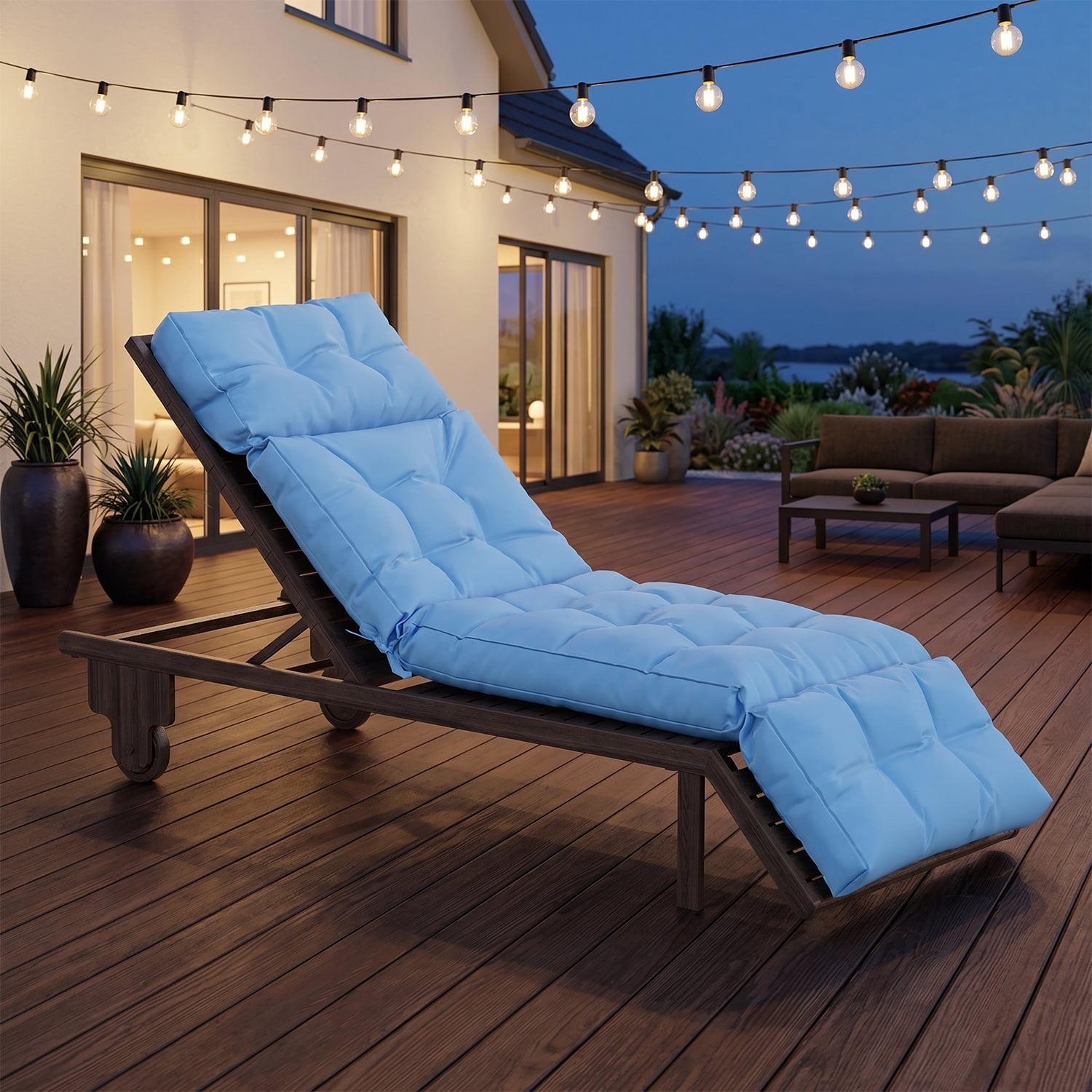 BaPiPro All-Weather Outdoor Chaise Lounge Cushion, Secure-Tie Patio Recliner Cushion with Plush PP Cotton Support for Patio, Poolside & Balcony, Sky Blue