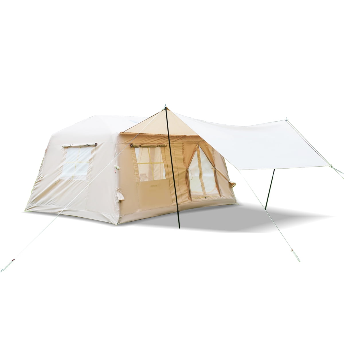 11 m² Inflatable Tent for Camping with Canopy, Easy Setup 4-Season Waterproof Oxford Air Glamping Tent for 4/6/8 People with Stove Jack & AC Port