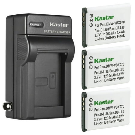 Kastar 3-Pack Battery and AC Wall Charger Replacement for Pentax D-LI88 DLI88 Battery  Pentax Optio H90  Optio P70  Optio P80  Optio W90  Optio WS80 Camera