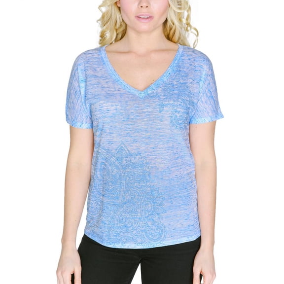 Blue Paisley Henna Ink Women's Slouchy V-Neck T Shirt Blue Marble LG
