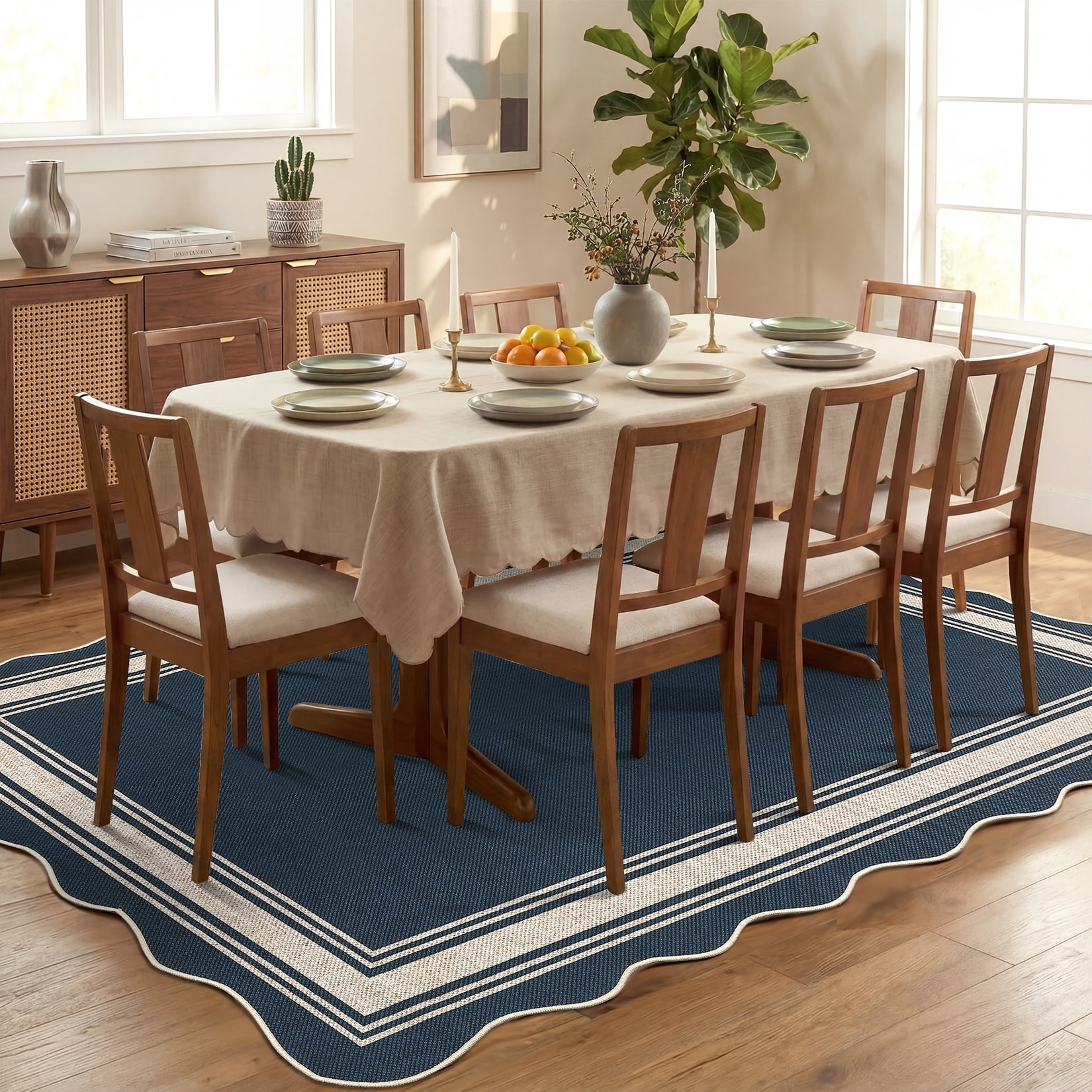 Garvee 10'x13' Scalloped Washable Indoor Outdoor Rug Natural Jute Carpet, Non Slip Low Pile Rug for Patio, Living Room, Bedroom, Home Decor, Blue