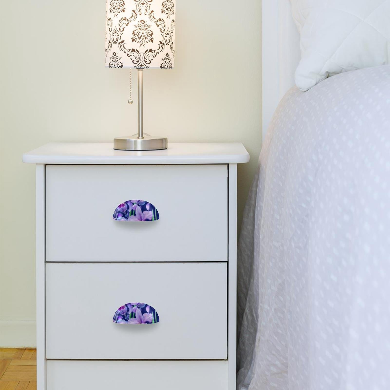 PhooArto 6 Pcs Cup Drawer Pulls, Purple Flower Orchid Pattern Shell Shape Handles Cabinet Knobs for Dresser Cupboard Closet Wardrobe with Screws