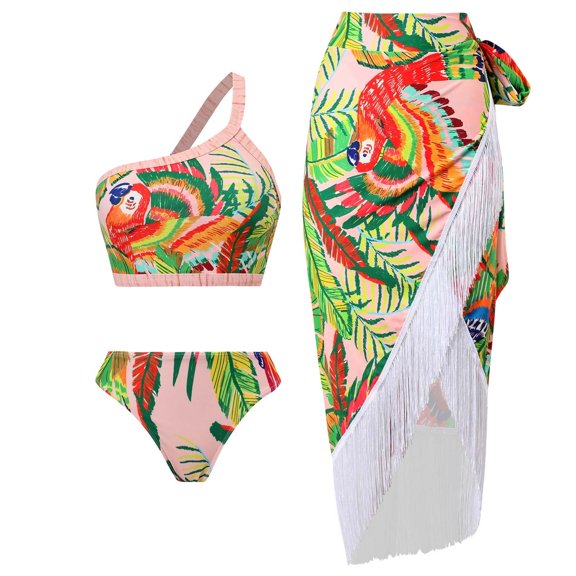 WREESH Womens Sarong Swimsuit Set One Shoulder Bikini Set Beach Cover Up Wrap Skirt Fashion Flower Print Wrap Skirt Bathing Suit Multicolor