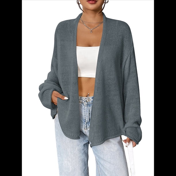 Cárdigan de Punto Holgado para Mujer, Cárdigan Informal de Color Liso Azul S
